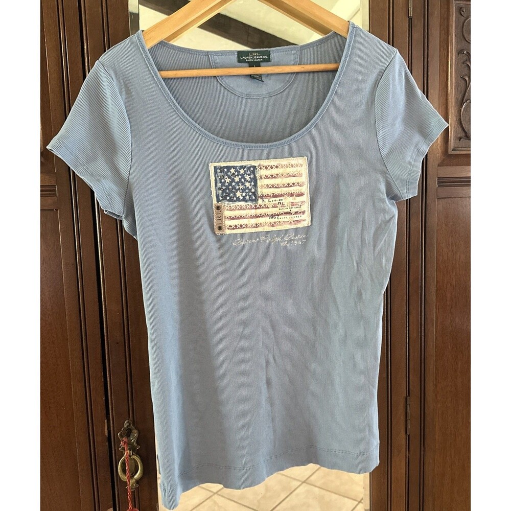 Lauren Jeans Co Ralph Lauren Blue Ribbed Top With Flag Detail Size Large